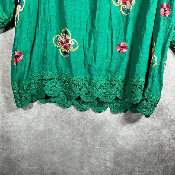 Kindred Top Womens 2X Green Floral Crochet Trim 3/4 Sleeve V-Neck Boho Casual - Picture 3 of 9